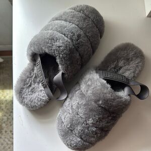 UGG Gray Plush Slippers with Logo Strap
